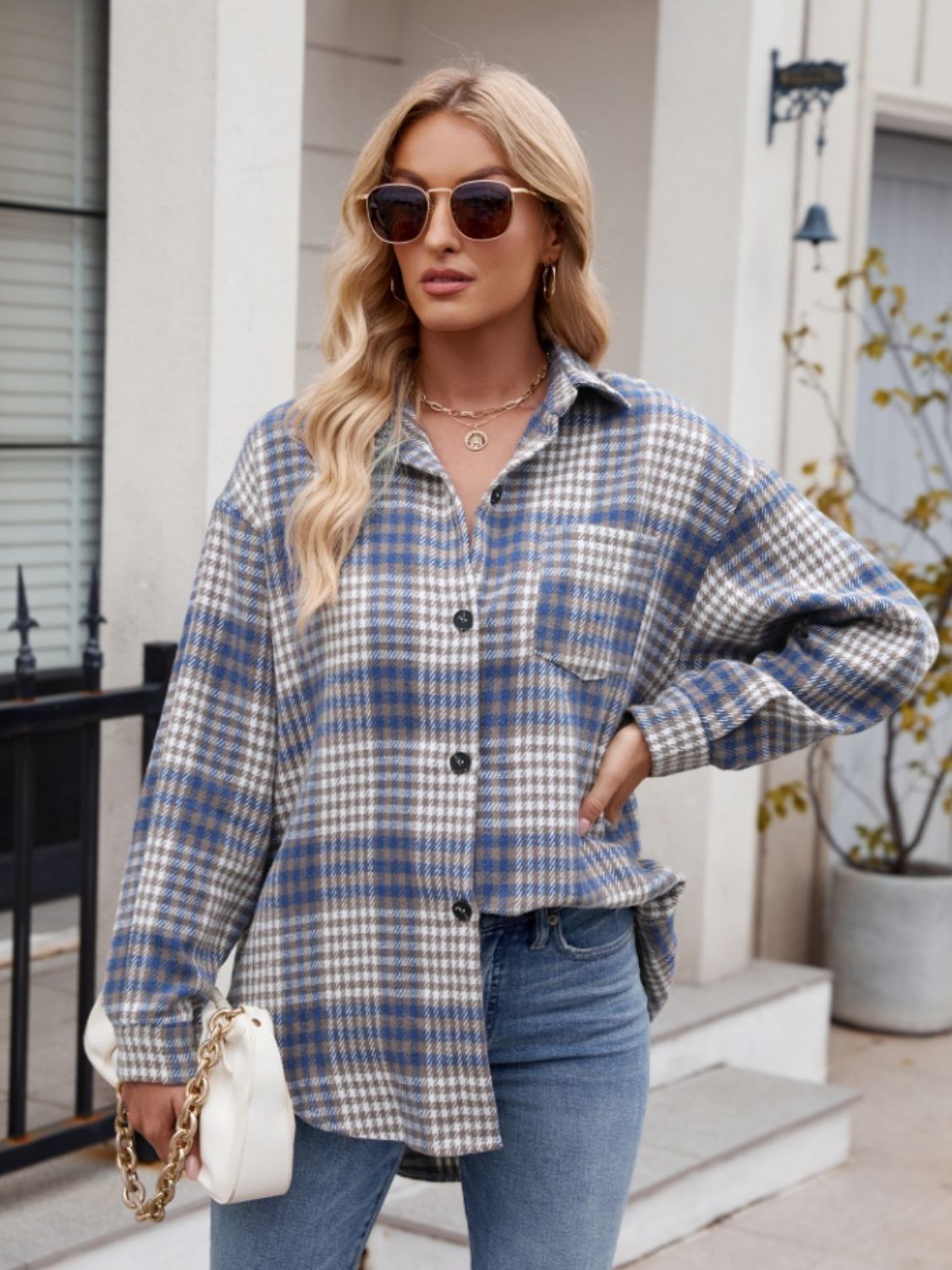 Mandy Pocketed Plaid Collared Neck Long Sleeve Shirt - Manor Rose