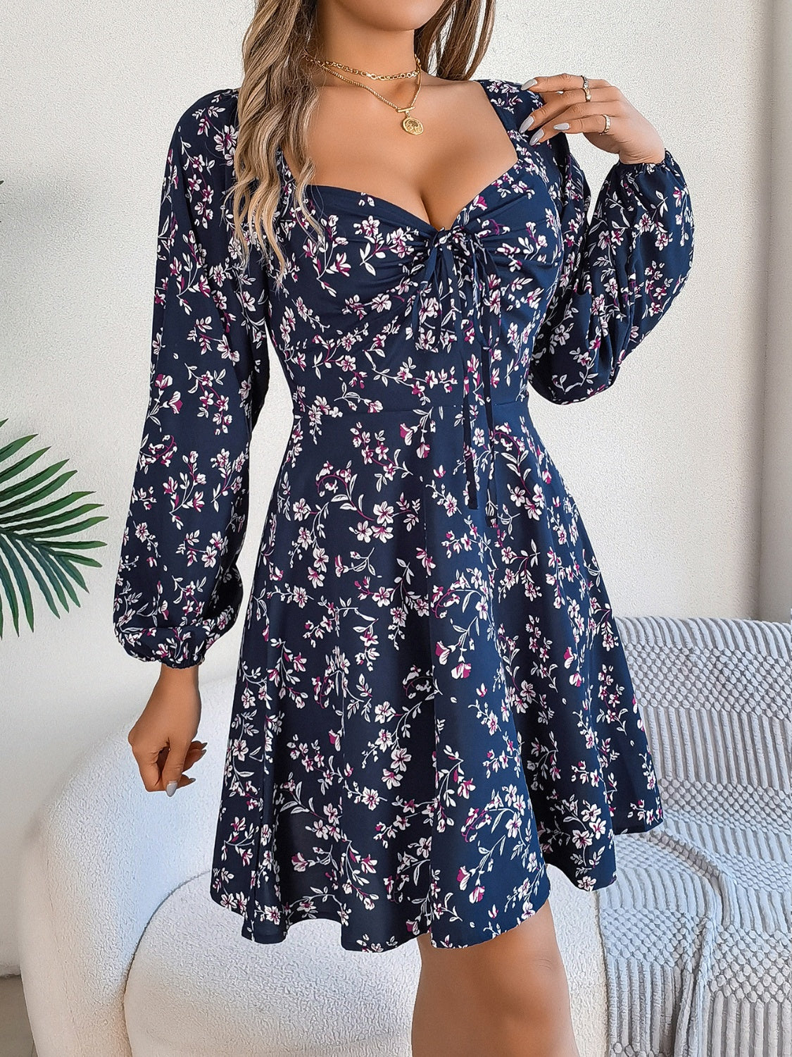 Printed Sweetheart Neck Balloon Sleeve Mini Dress - Manor Rose