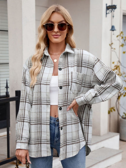 Mandy Pocketed Plaid Collared Neck Long Sleeve Shirt - Manor Rose