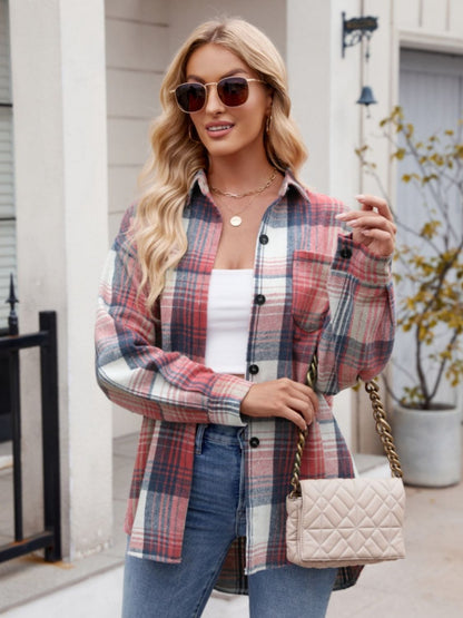 Mandy Pocketed Plaid Collared Neck Long Sleeve Shirt - Manor Rose