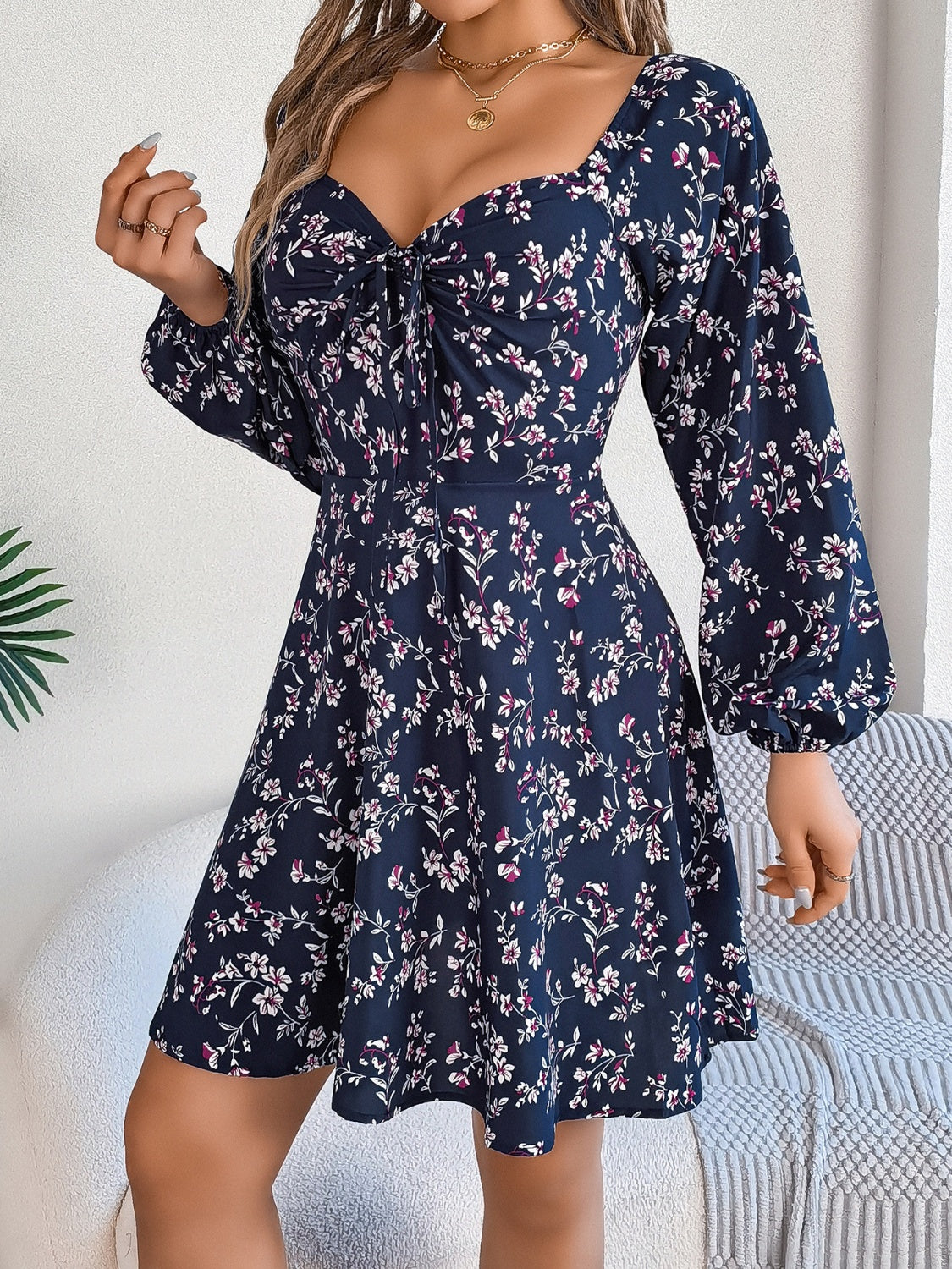 Printed Sweetheart Neck Balloon Sleeve Mini Dress - Manor Rose