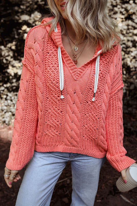 Drawstring Cable-Knit Hooded Sweater - Manor Rose