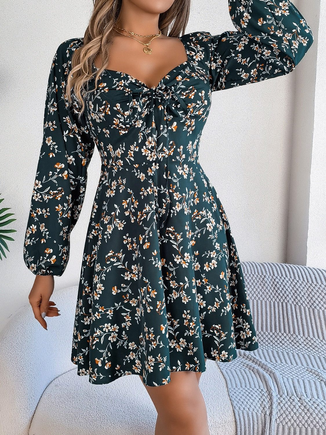 Printed Sweetheart Neck Balloon Sleeve Mini Dress - Manor Rose