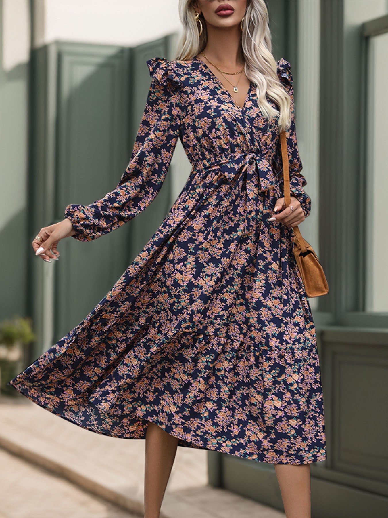 Perfee Printed Surplice Long Sleeve Midi Dress - Manor Rose