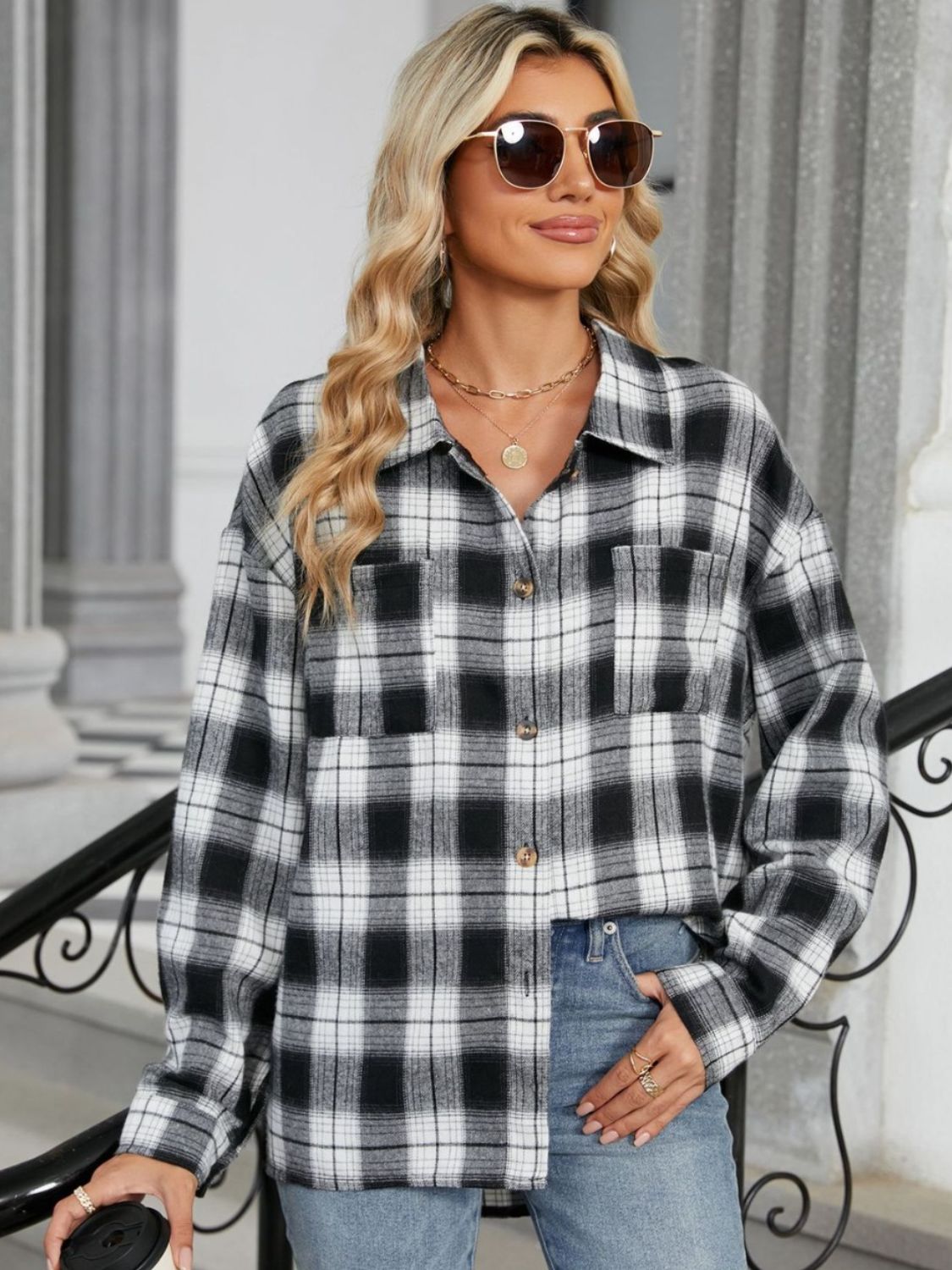 Plaid Collared Neck Long Sleeve Shirt - Manor Rose