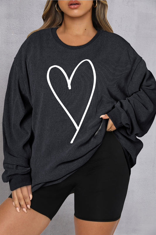 Plus Size Heart Ribbed Round Neck Sweatshirt - Manor Rose