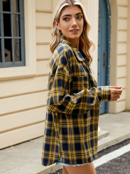 Plaid Collared Neck Long Sleeve Shirt - Manor Rose