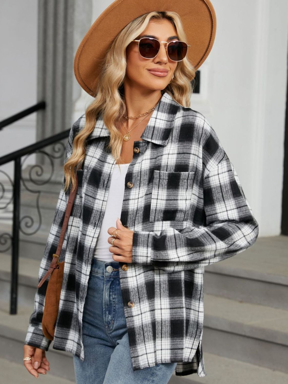 Plaid Collared Neck Long Sleeve Shirt - Manor Rose