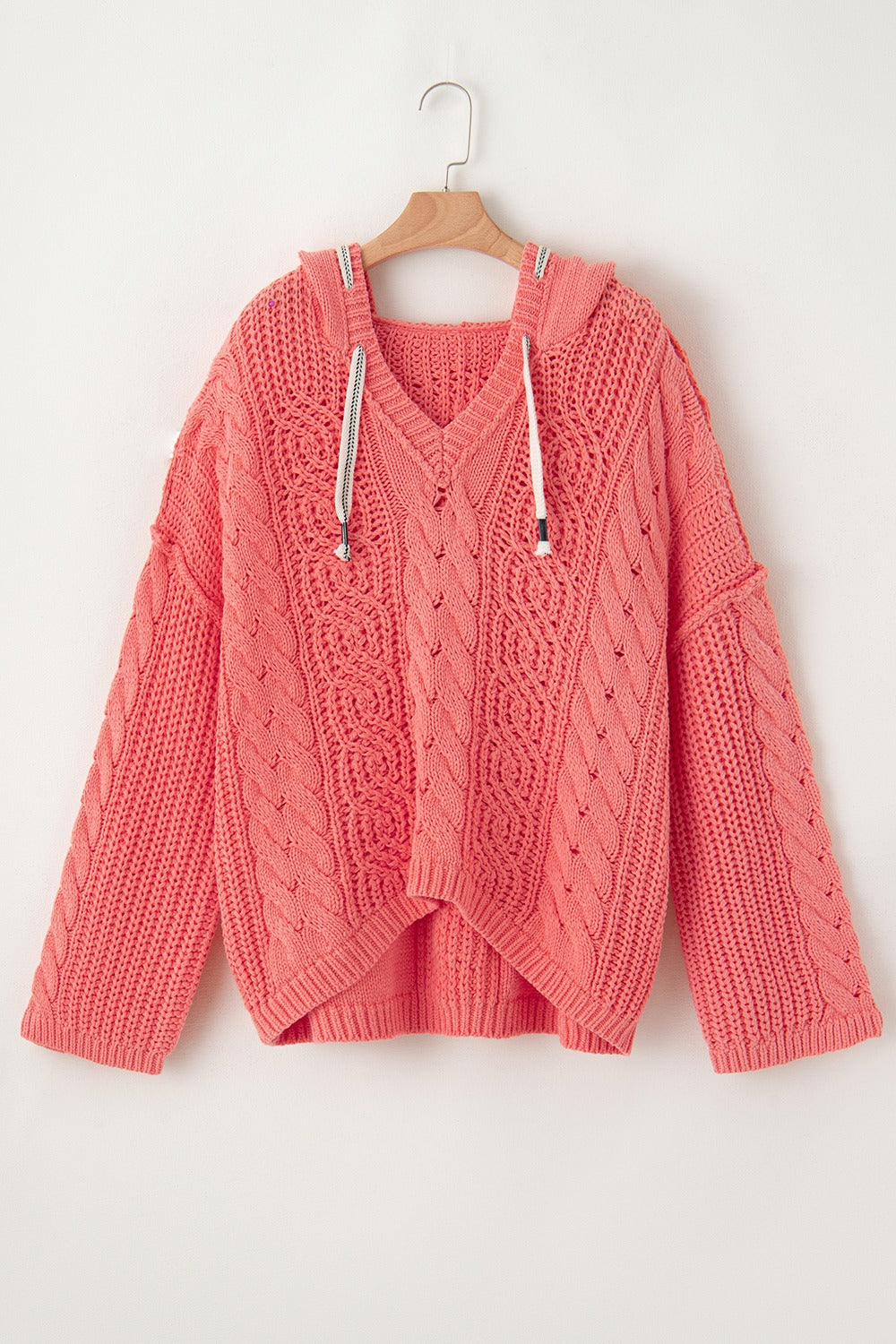 Drawstring Cable-Knit Hooded Sweater - Manor Rose