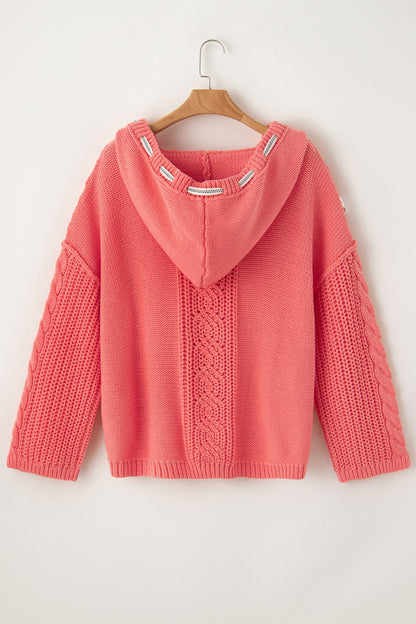 Drawstring Cable-Knit Hooded Sweater - Manor Rose