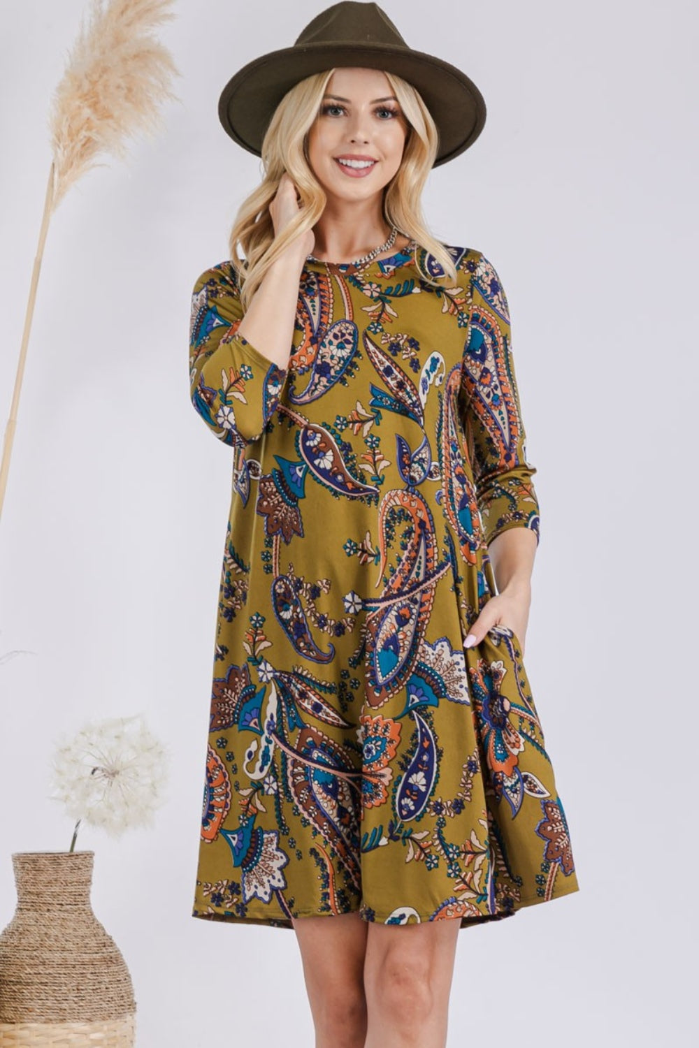 Celeste Full Size Paisley Print Round Neck Dress with Pockets - Manor Rose