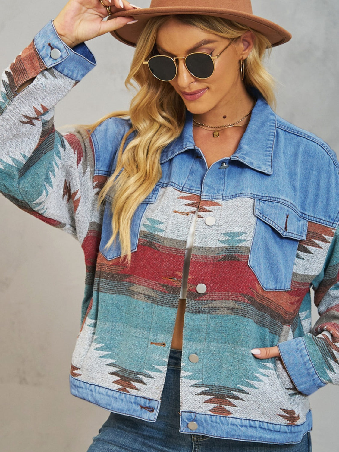 Geometric Button Up Dropped Shoulder Denim Jacket - Manor Rose