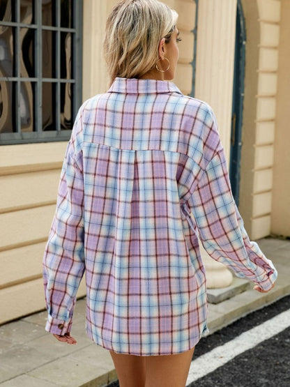 Plaid Collared Neck Long Sleeve Shirt - Manor Rose