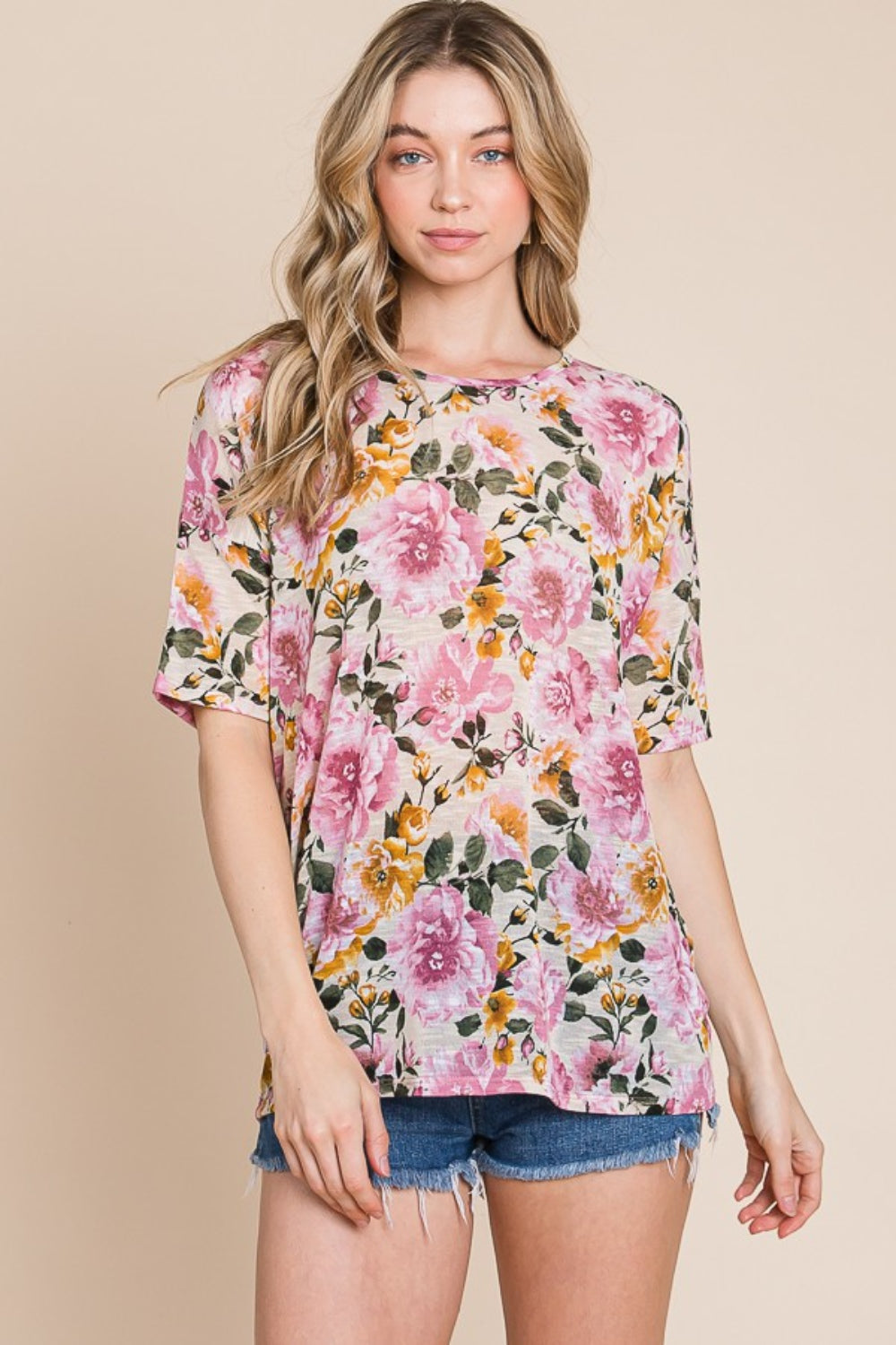 BOMBOM Floral Round Neck T-Shirt - Manor Rose