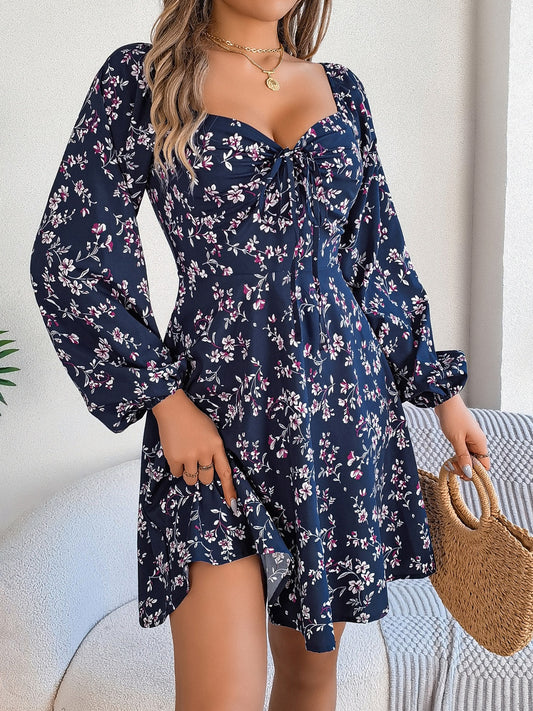 Printed Sweetheart Neck Balloon Sleeve Mini Dress - Manor Rose