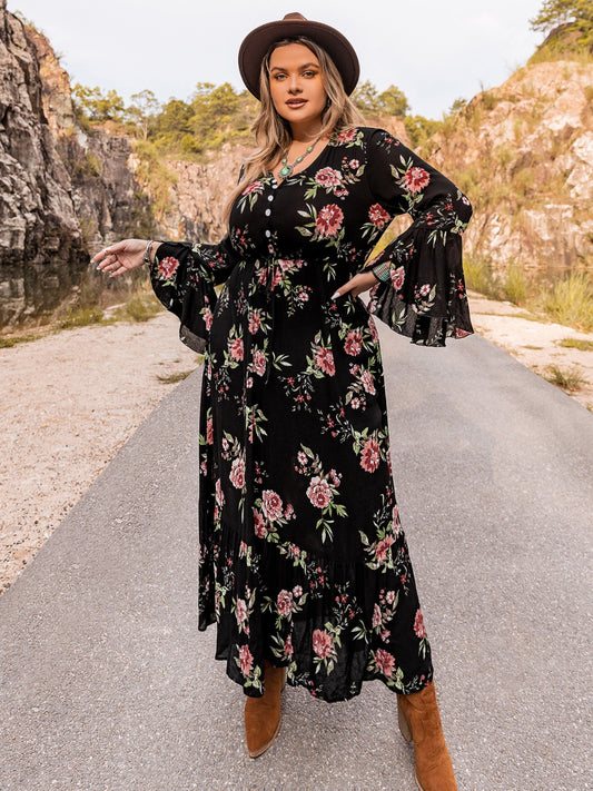 Plus Size Floral Flare Sleeve Dress - Manor Rose