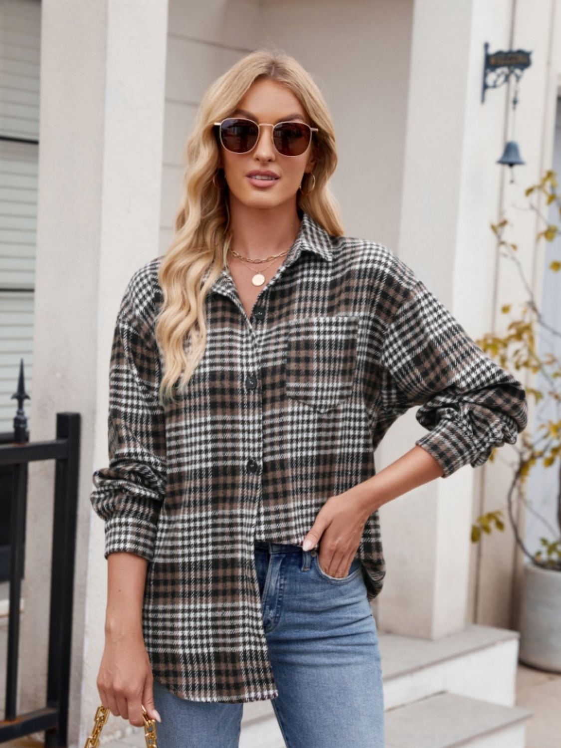 Mandy Pocketed Plaid Collared Neck Long Sleeve Shirt - Manor Rose