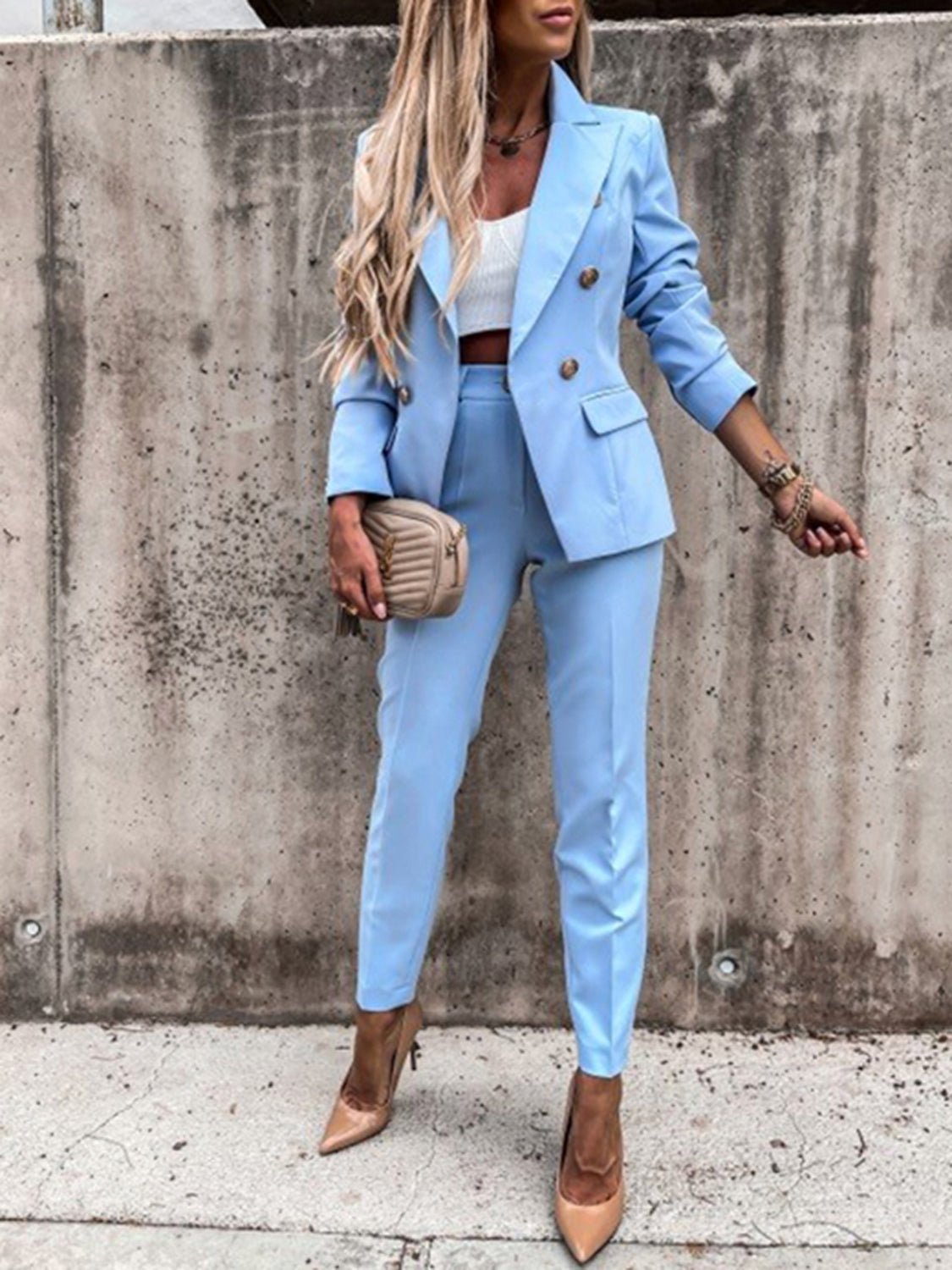 Lapel Collar Long Sleeve Blazer and Pants Set - Manor Rose