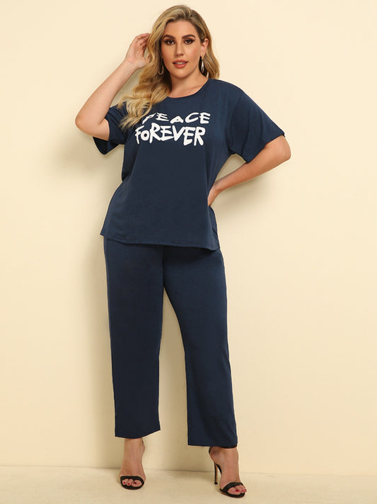 Plus Size PEACE FOREVER Short Sleeve Top and Pants Set - Manor Rose