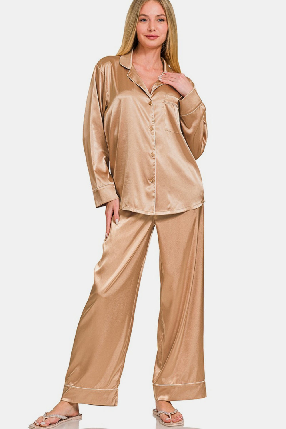 Zenana Satin Long Sleeve Shirt and Pants Pajama Set - Manor Rose