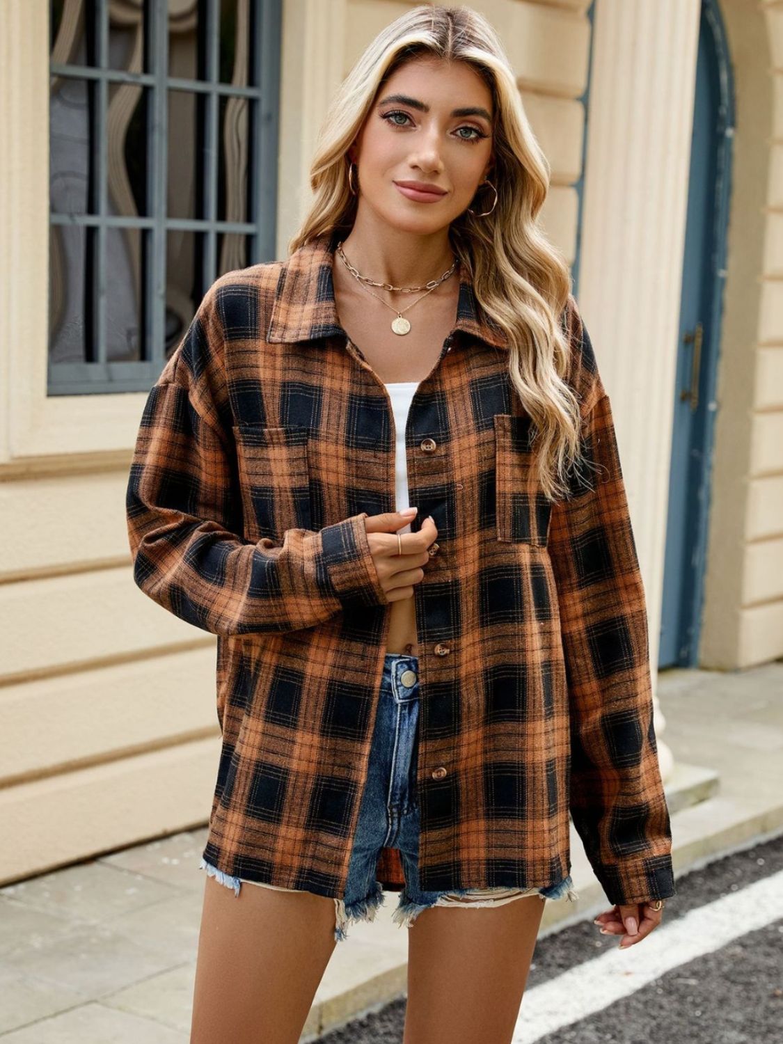 Plaid Collared Neck Long Sleeve Shirt - Manor Rose