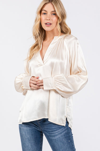 SAGE + FIG Notched Long Sleeve Blouse - Manor Rose