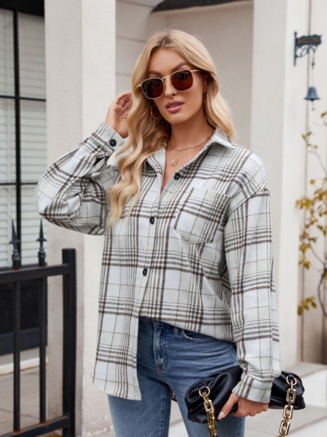 Mandy Pocketed Plaid Collared Neck Long Sleeve Shirt - Manor Rose