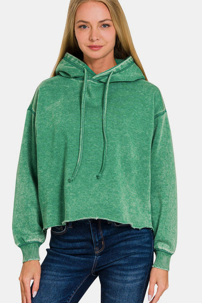 Zenana Acid Wash Fleece Cropped Hoodie - Manor Rose