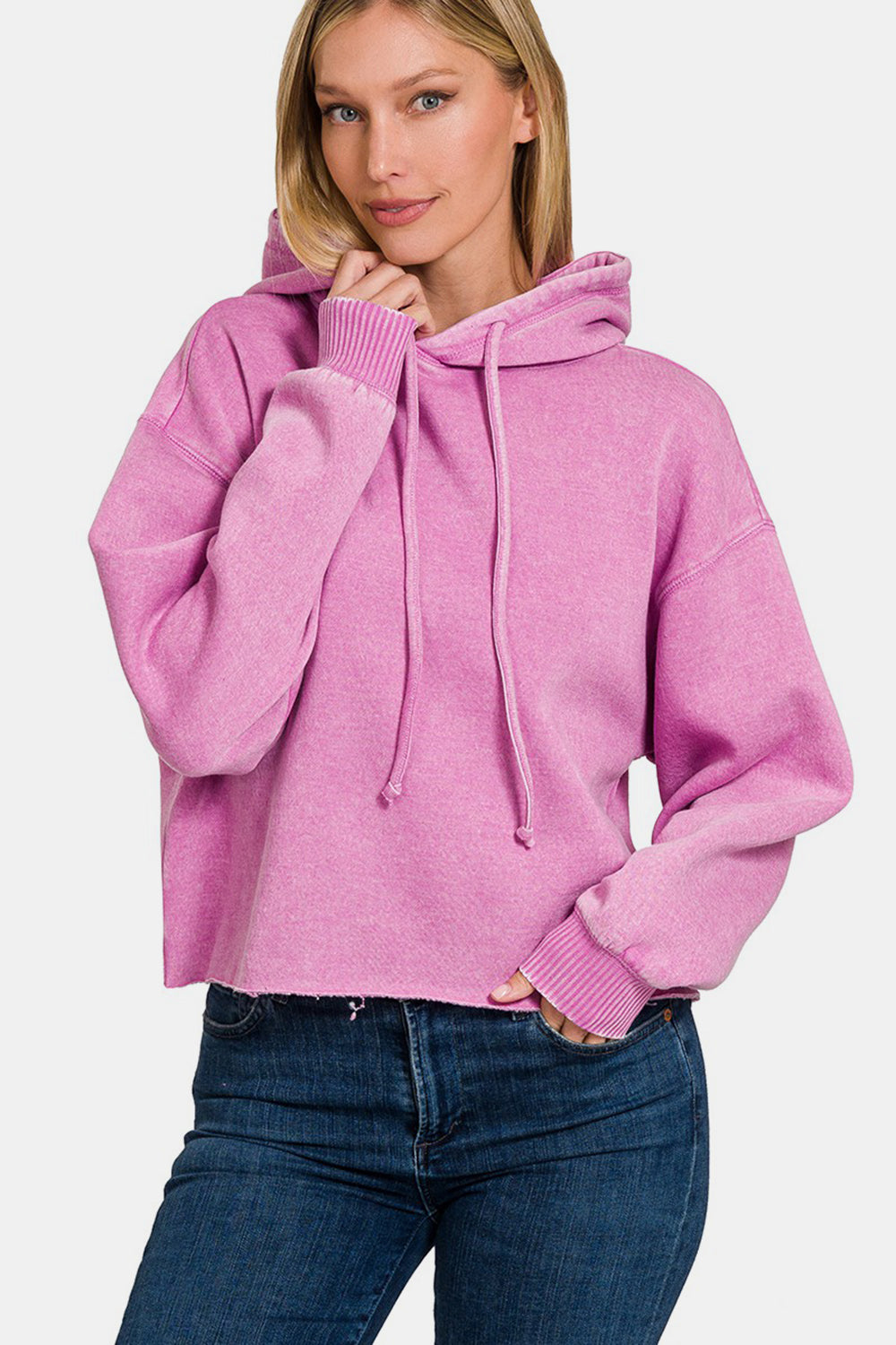 Zenana Acid Wash Fleece Cropped Hoodie - Manor Rose