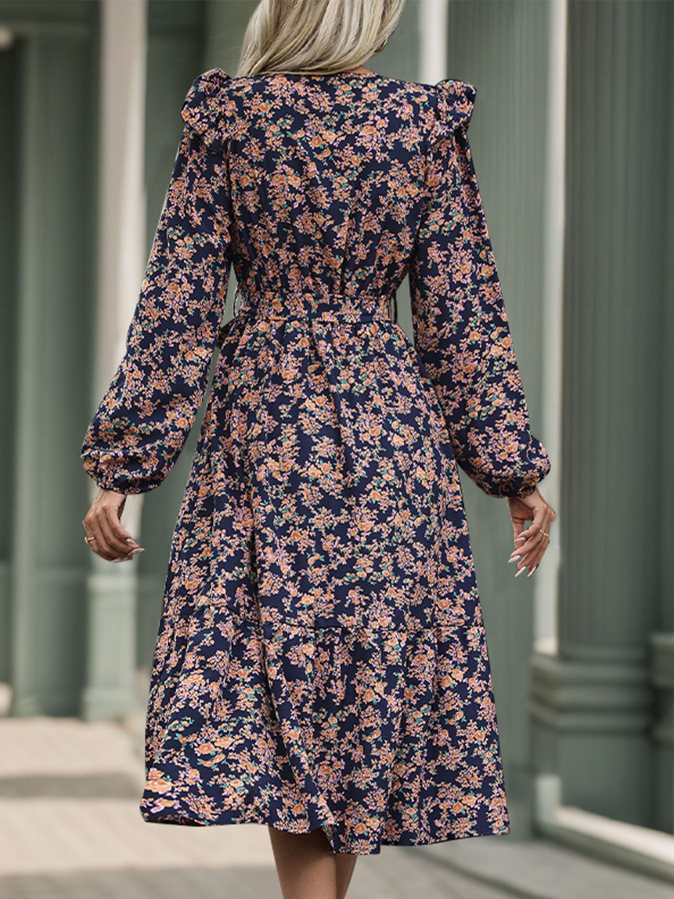 Perfee Printed Surplice Long Sleeve Midi Dress - Manor Rose