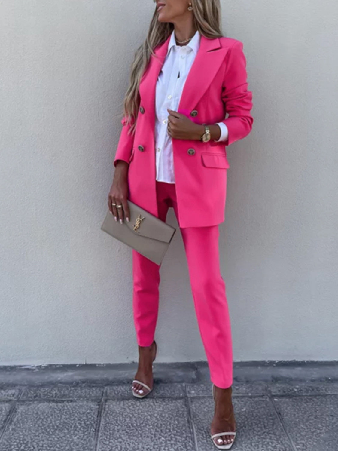 Lapel Collar Long Sleeve Blazer and Pants Set - Manor Rose