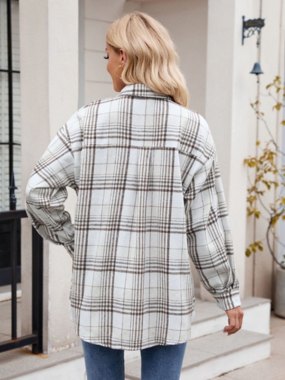 Mandy Pocketed Plaid Collared Neck Long Sleeve Shirt - Manor Rose