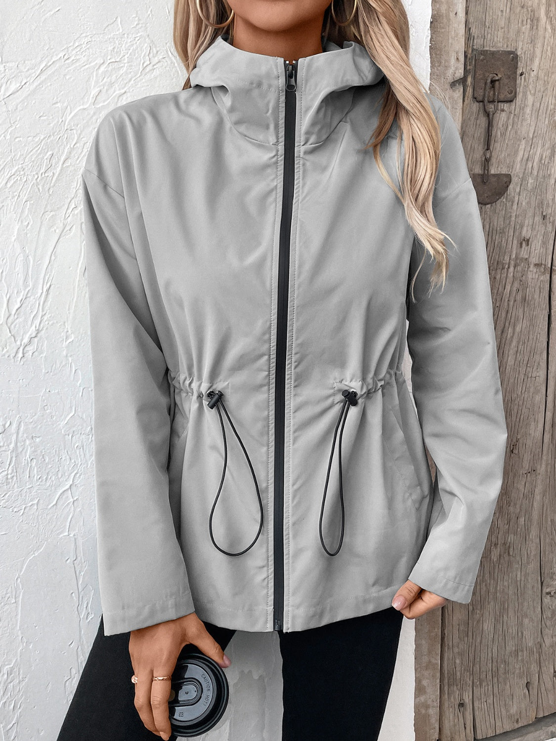 Ivy Lane Drawstring Zip Up Hooded Jacket - Manor Rose