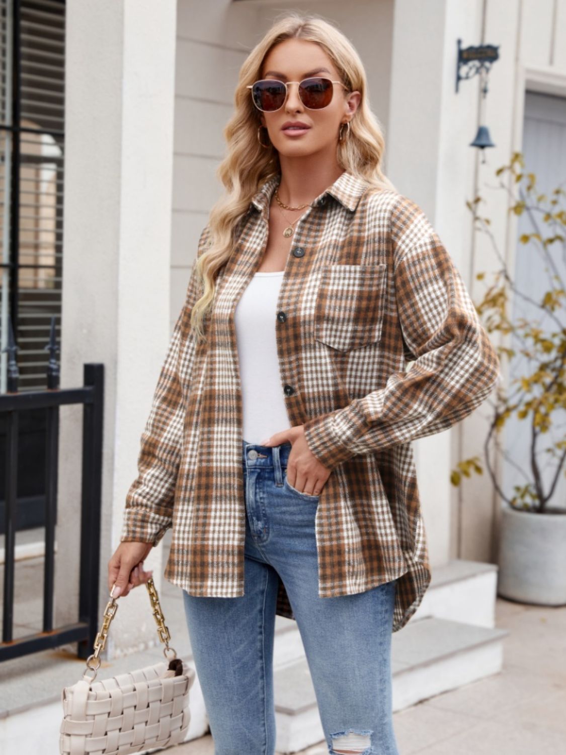 Mandy Pocketed Plaid Collared Neck Long Sleeve Shirt - Manor Rose