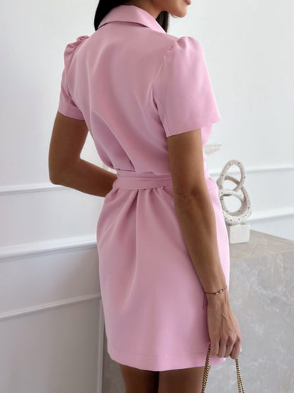 Short Sleeve Tie Waist Mini Dress - Manor Rose