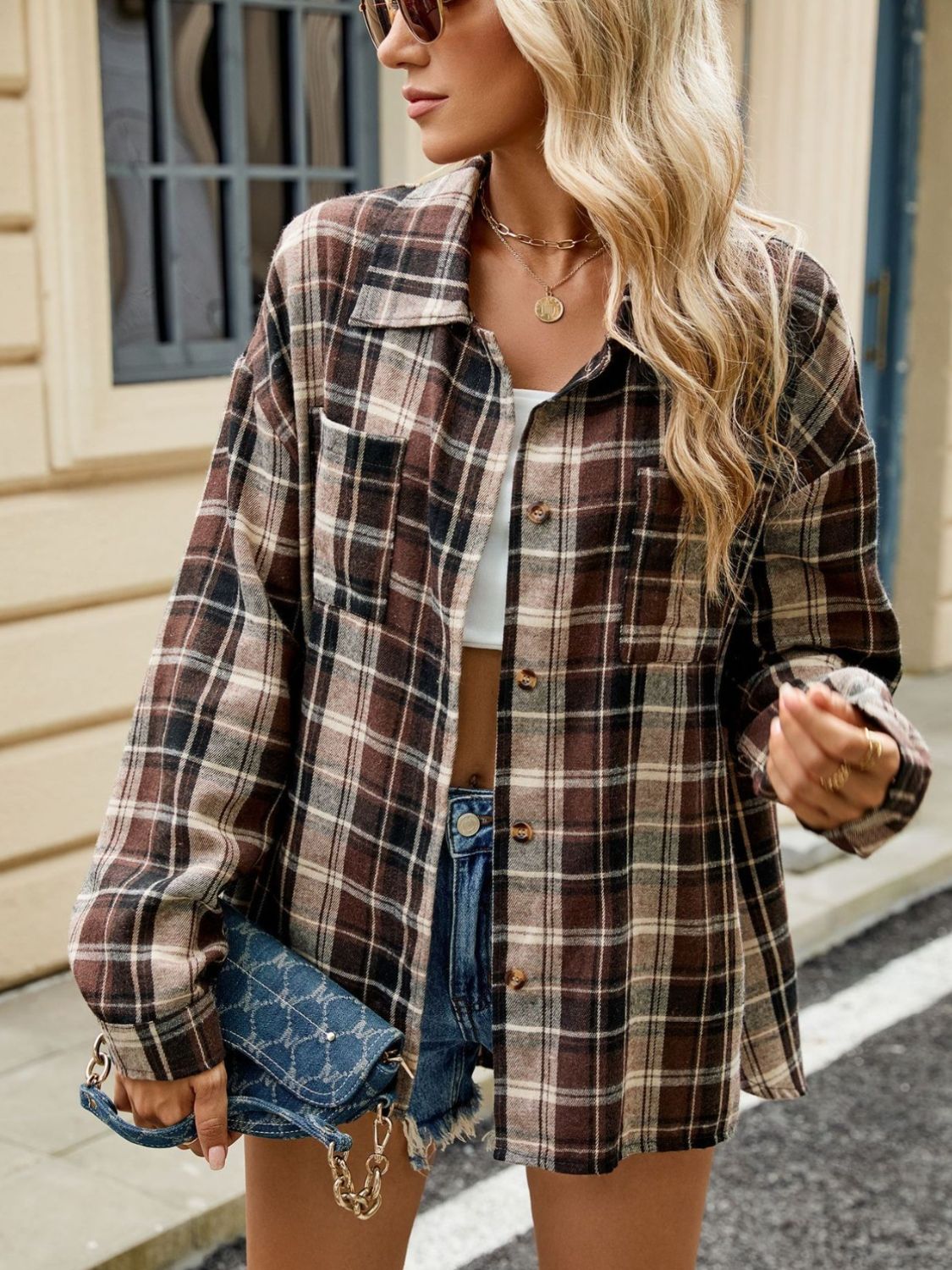 Plaid Collared Neck Long Sleeve Shirt - Manor Rose