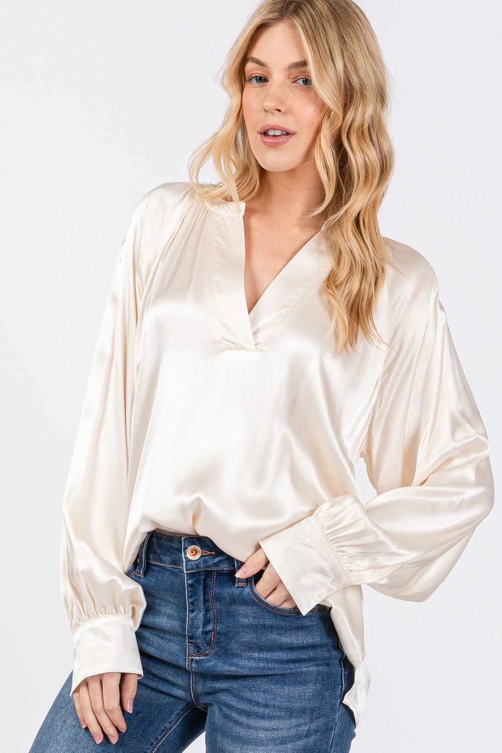 SAGE + FIG Notched Long Sleeve Blouse - Manor Rose