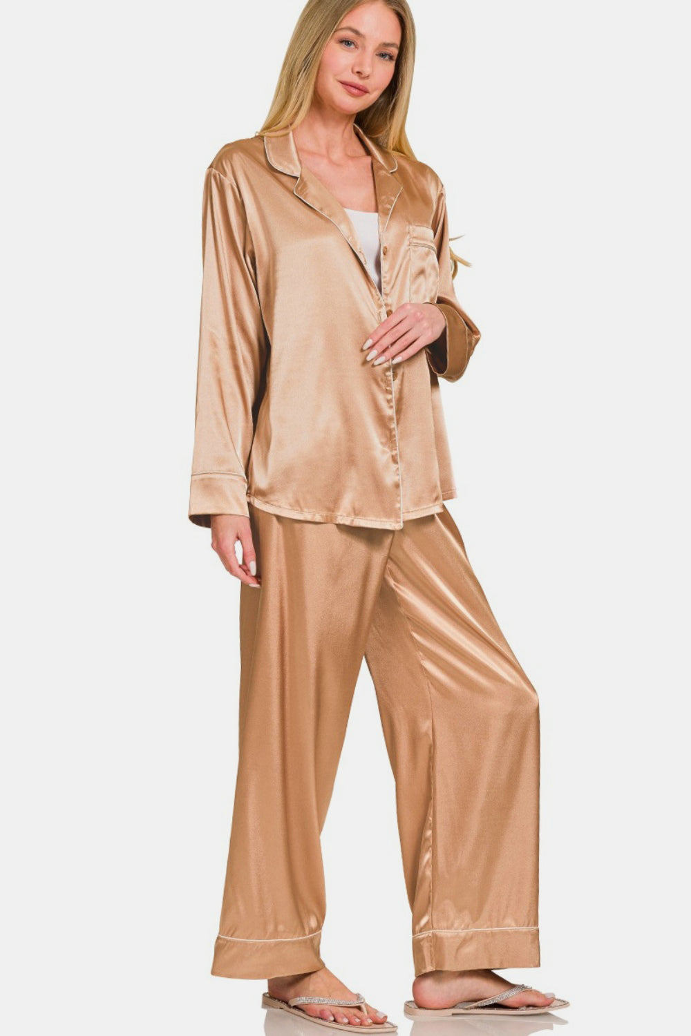 Zenana Satin Long Sleeve Shirt and Pants Pajama Set - Manor Rose