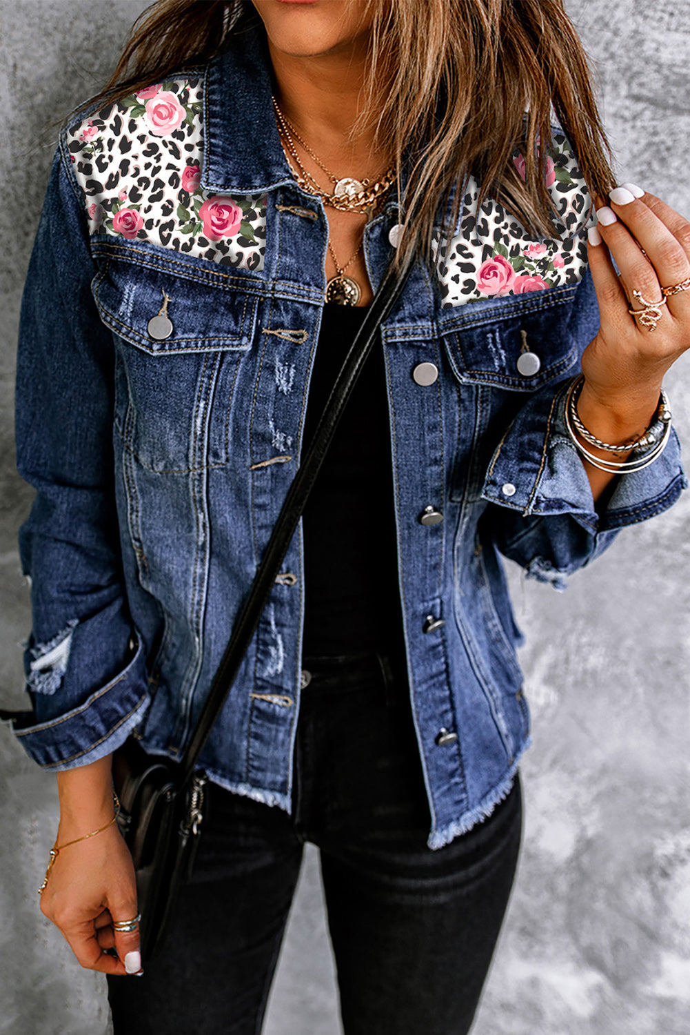 Distressed Mixed Print Button Front Denim Jacket - Manor Rose