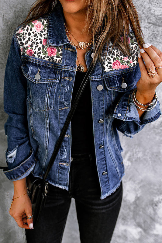 Distressed Mixed Print Button Front Denim Jacket - Manor Rose