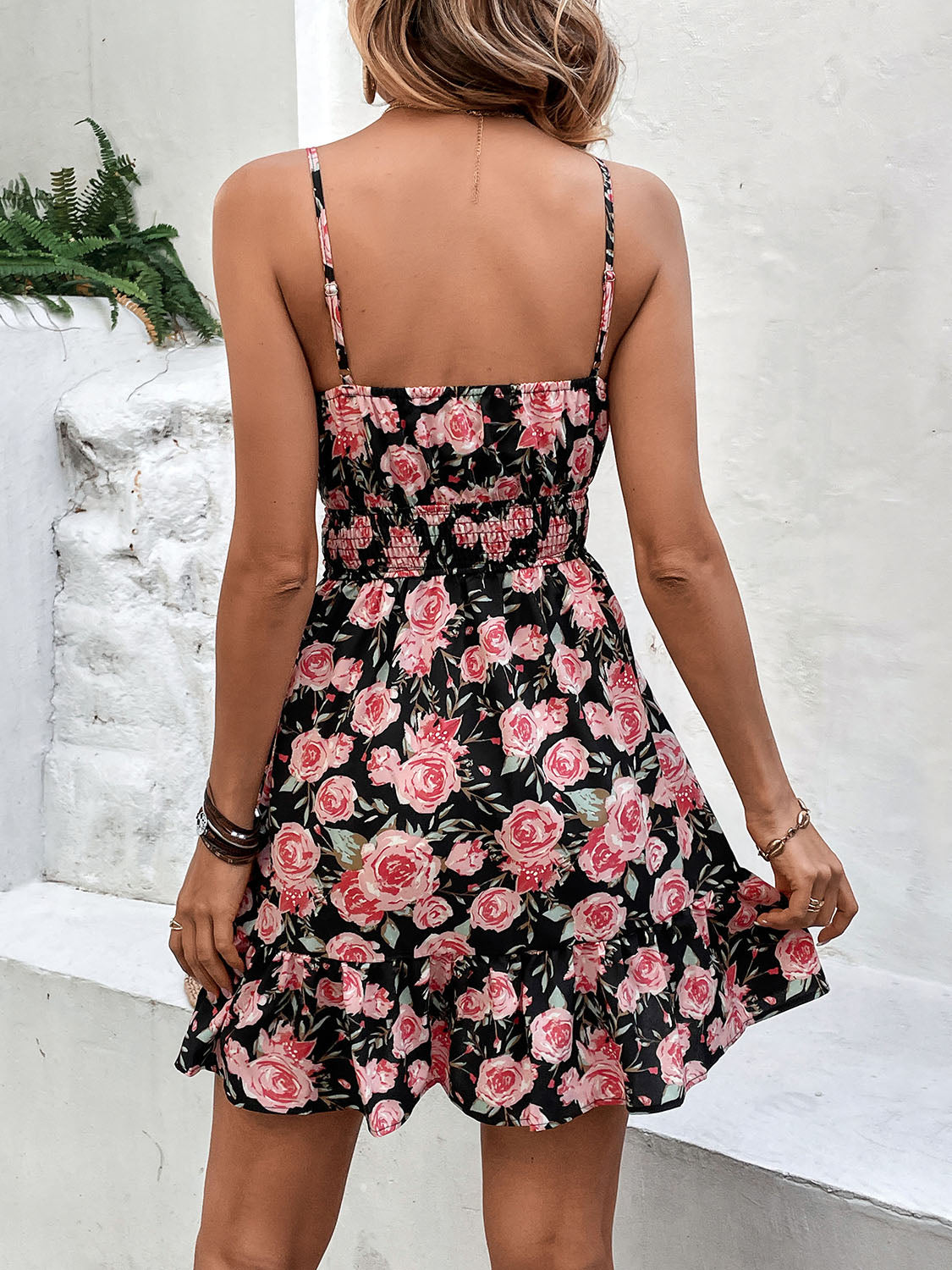 Tied Rose Print Spaghetti Strap Dress - Manor Rose