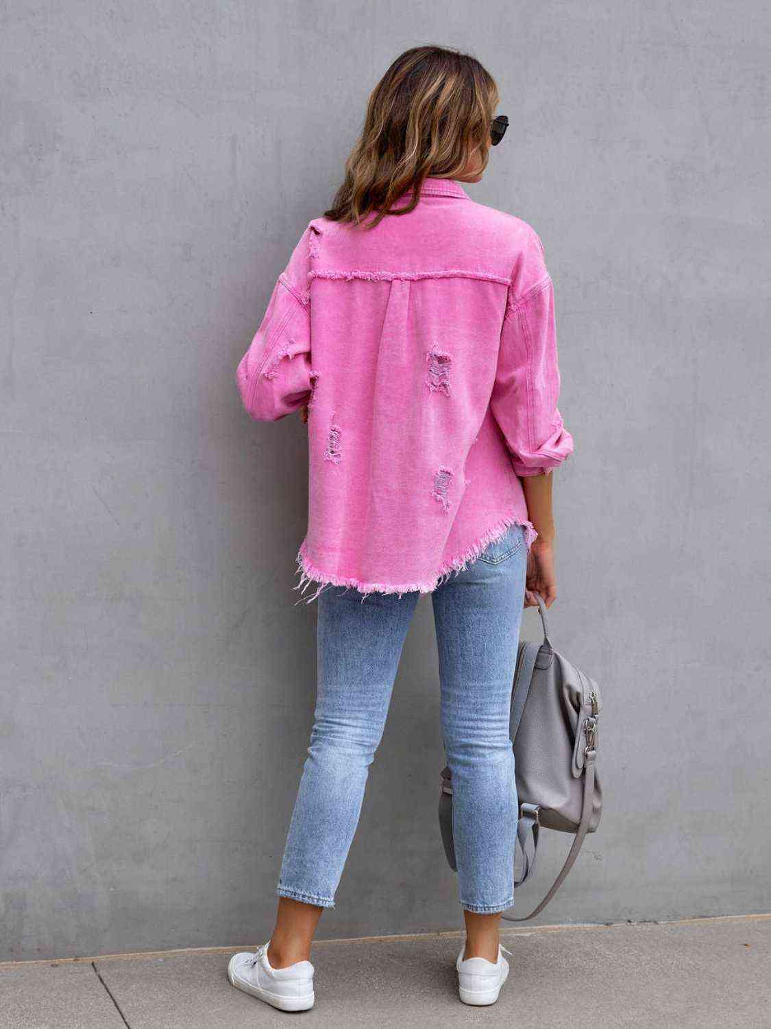 Distressed Drop Shoulder Denim Jacket - Manor Rose