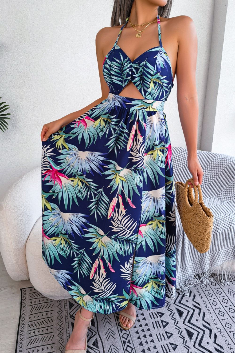 Botanical Print Tied Backless Cutout Slit Dress - Manor Rose