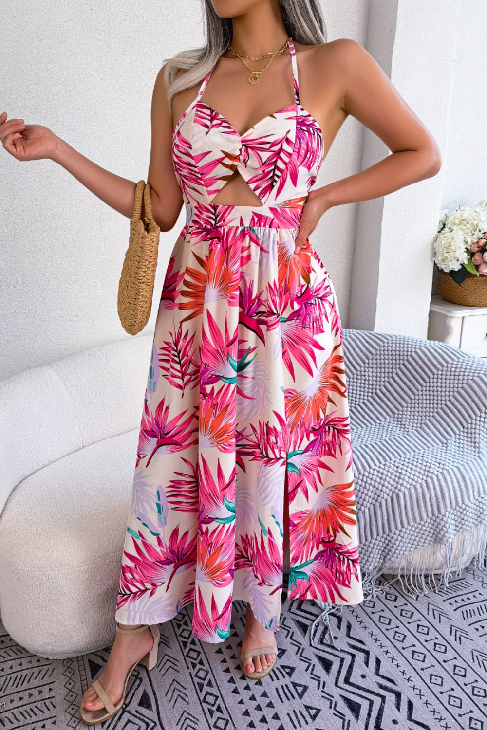 Botanical Print Tied Backless Cutout Slit Dress - Manor Rose