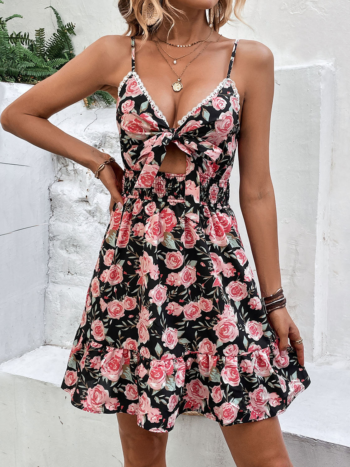 Tied Rose Print Spaghetti Strap Dress - Manor Rose