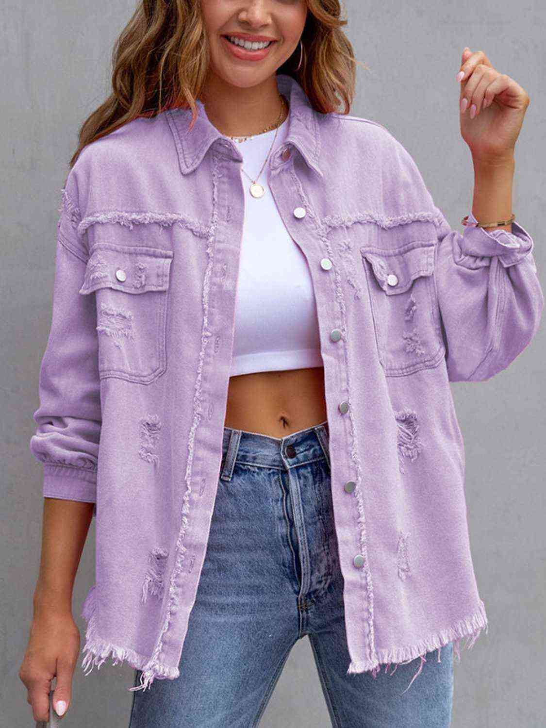 Distressed Drop Shoulder Denim Jacket - Manor Rose