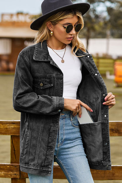 Buttoned Collared Neck Denim Jacket with Pockets - Manor Rose