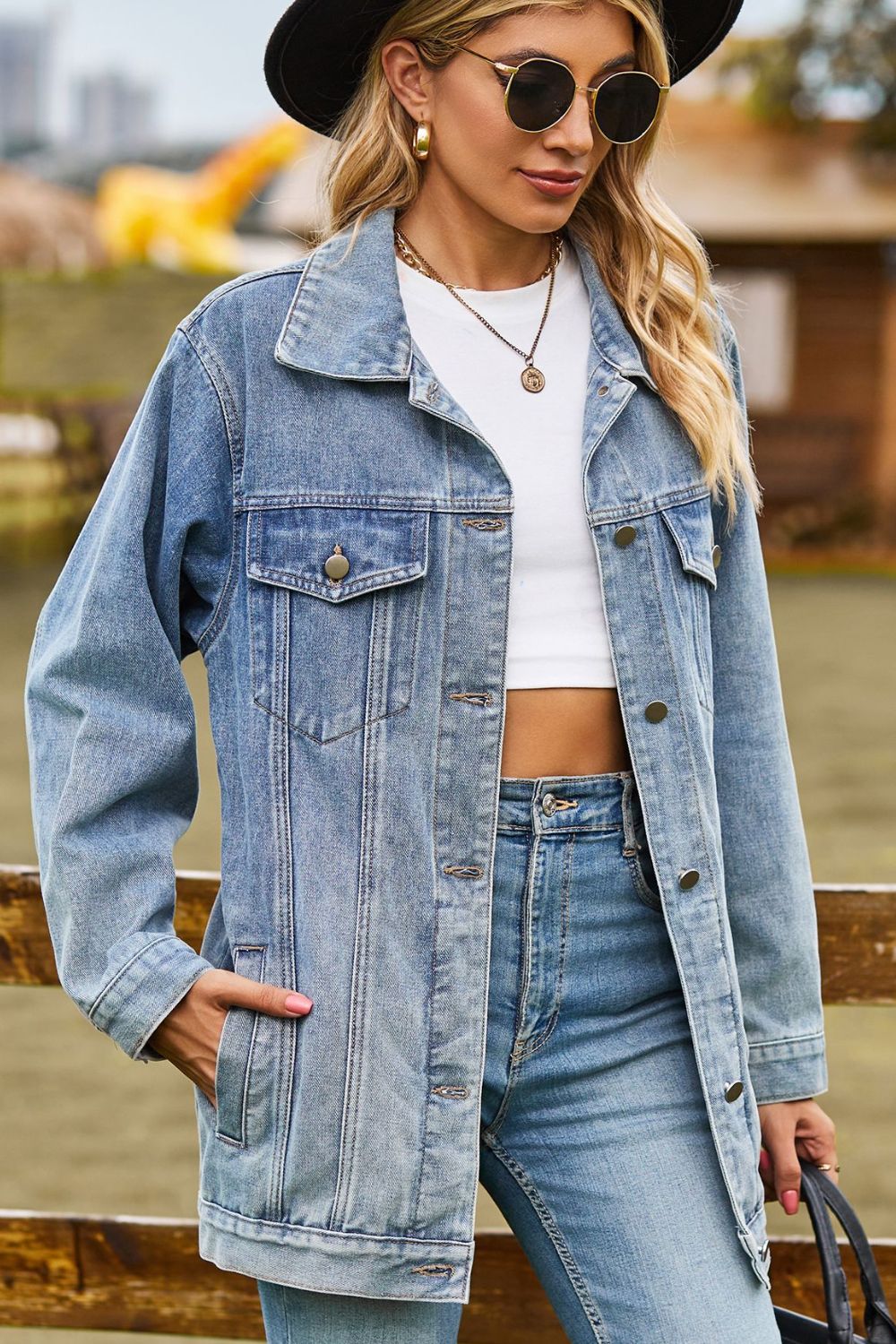 Buttoned Collared Neck Denim Jacket with Pockets - Manor Rose