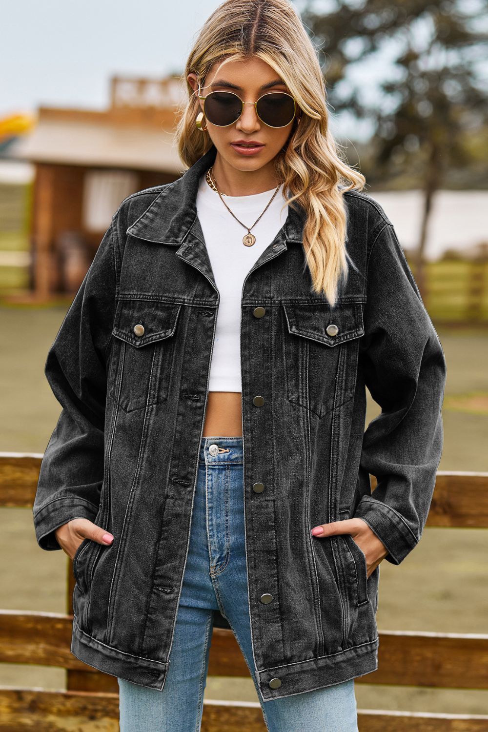 Buttoned Collared Neck Denim Jacket with Pockets - Manor Rose