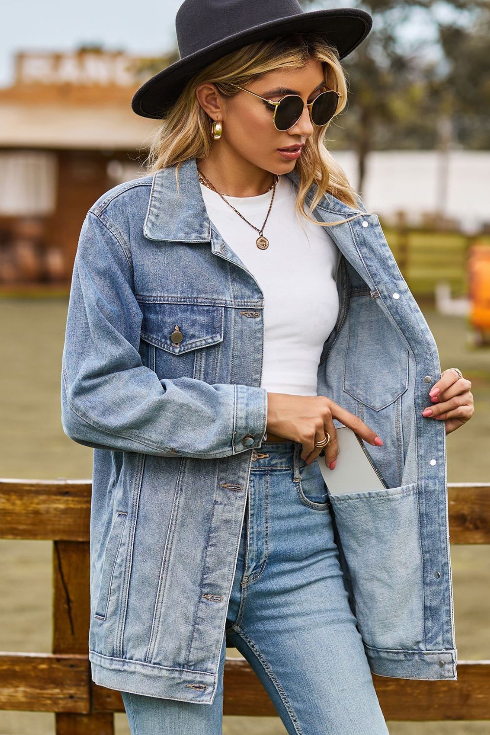 Buttoned Collared Neck Denim Jacket with Pockets - Manor Rose